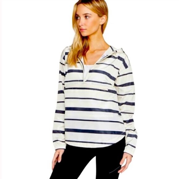 THREAD & SUPPLY QUARTER ZIP SEATTLE WINDBREAKER STRIPED BLACK & WHITE SIZE SMALL - Picture 1 of 8